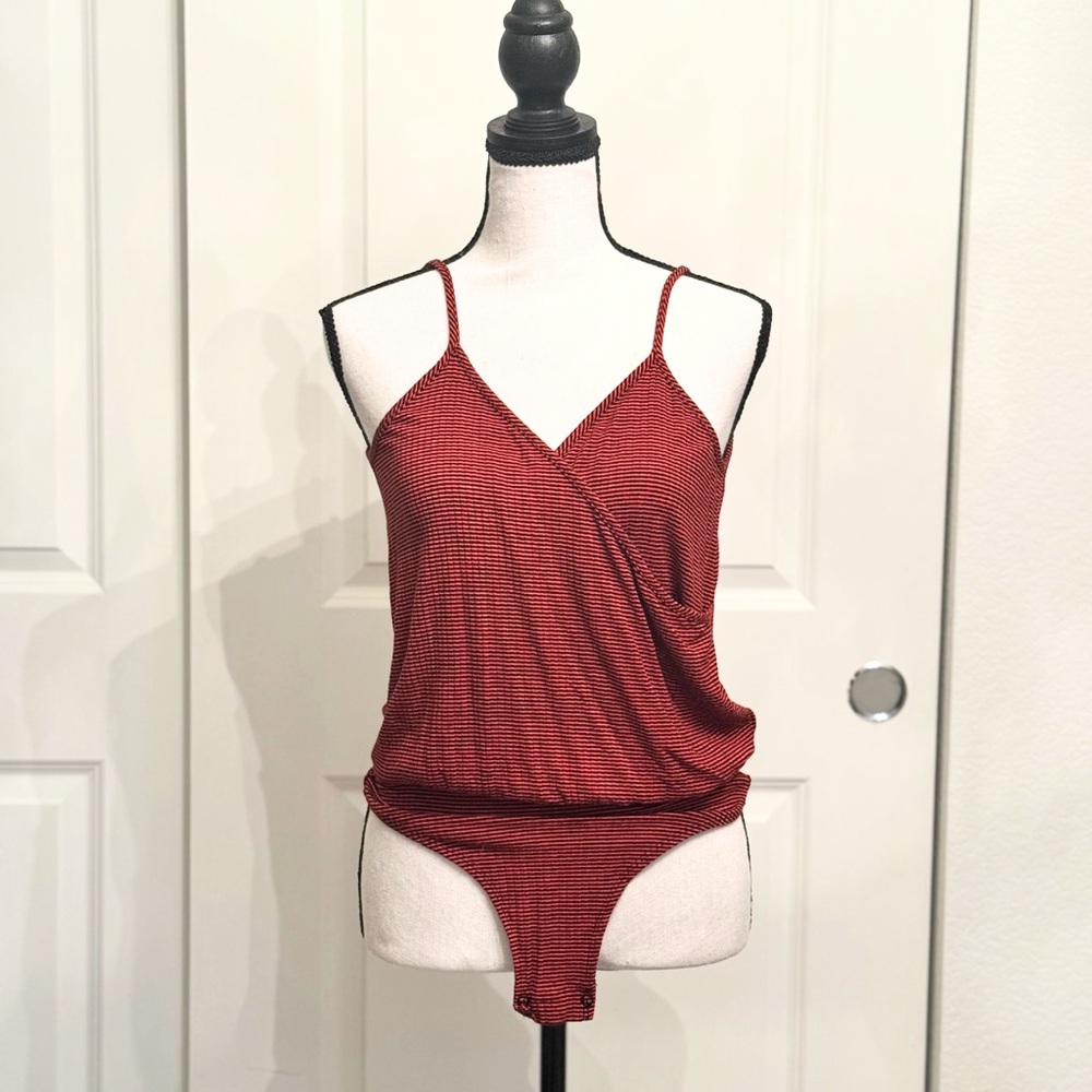 Harlowe & Graham Red and Black Low Cut Striped Tank Top Bodysuit, Size XS